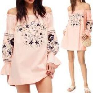 Free People Mini Dress Fleur du jour Pink Embroidered Off Shoulder Women Large